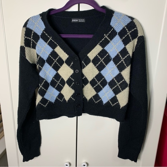 SHEIN Sweaters Shein Argyle Crop Cardigan Sweater Poshmark
